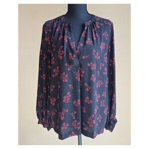 LOFT Black & Red Floral V-Neck Blouse Long Sleeve Lightweight Top